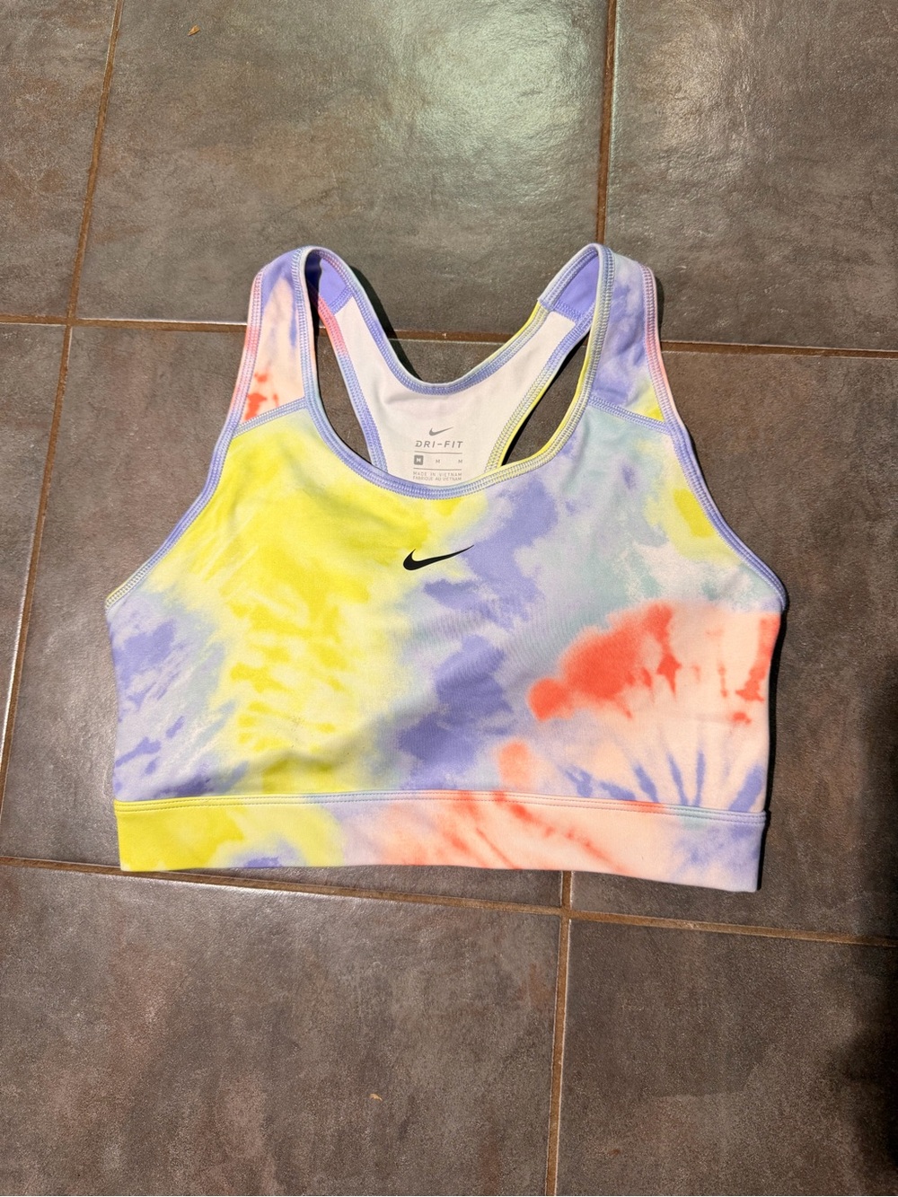 Nike Tie-Dye Dri-FIT Sports Bra in Yellow, Purple, Coral